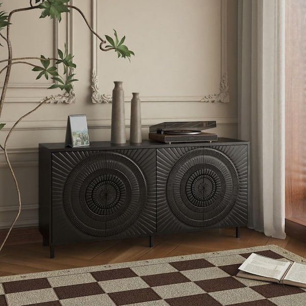 Drake Black Wood Buffet Cabinet 60 in. W Modern Sideboard with 4-Doors, Modern Accent Storage Sideboard