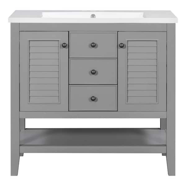 Zeus & Ruta 36 in. W x 18 in. D x 34.4 in. H Freestanding Bath Vanity in Gray with White Ceramic Top, 2 Doors and 2-Drawers