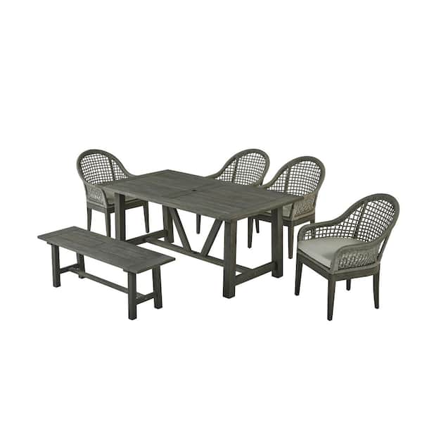 Richard Grey 6-Piece Acacia Wood Rectangle Standard Height Outdoor Dining Set with 4 Grey Cushion Chairs and 1 Bench.