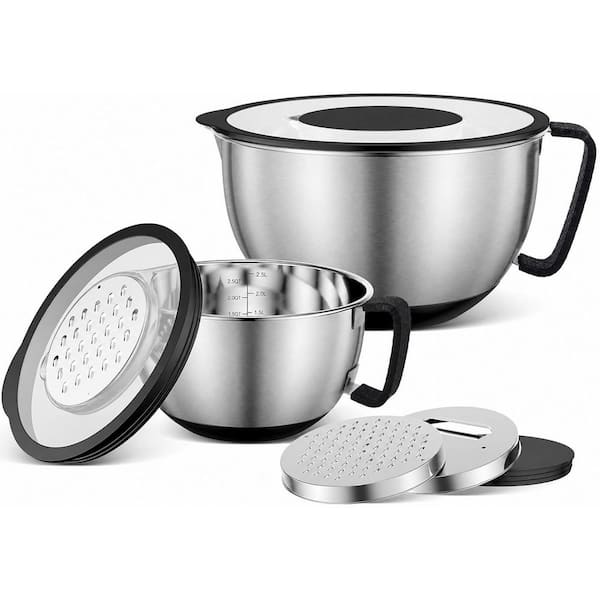 18/8 Stainless Steel Mixing Bowls with Lids, Pour Spout, Grater Attachments, Black, Set of 2, 3QT