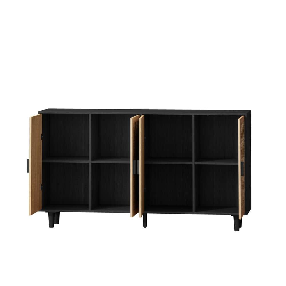 Black Particle Board and Rattan 4-Door Storage Cabinet with Adjustable Shelving