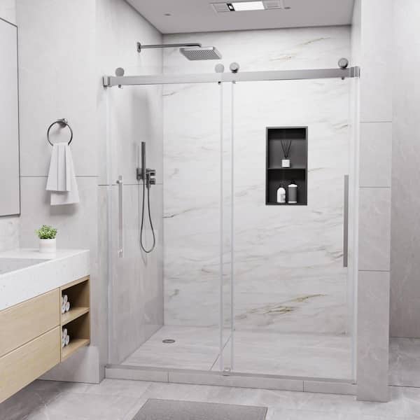 44 in. 48 in. W x 74 in. H Sliding Frameless Shower Door in Brushed Nichel Finish with Clear Tempered Glass
