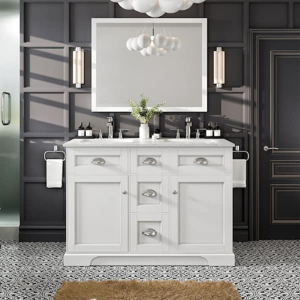 Eviva Epic 48 in. W x 22 in. D x 34 in. H Double Bathroom Vanity in White with White Quartz Top with White Sinks