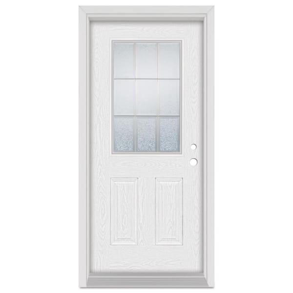 Stanley Doors 32 in. x 80 in. Geometric Left-Hand 1/2 Lite Brass Finished Fiberglass Oak Woodgrain Prehung Front Door