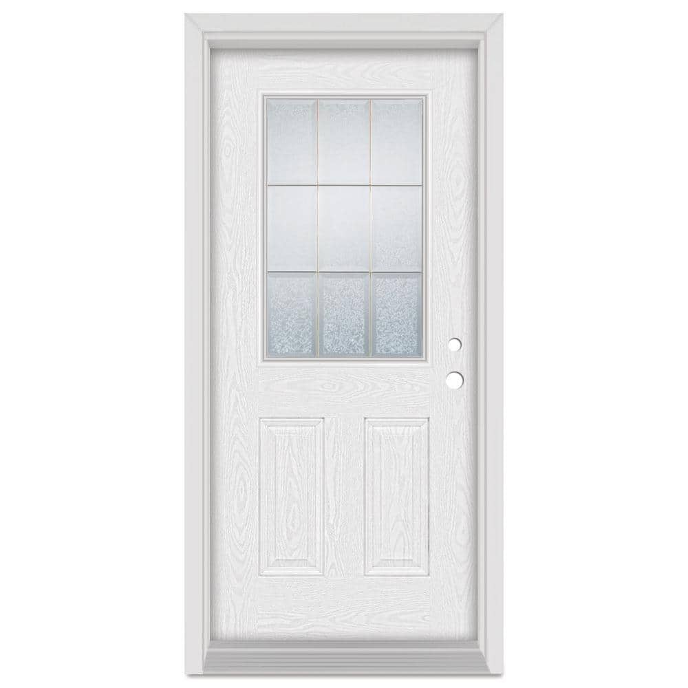 36 in. x 80 in. Geometric Left-Hand 1/2 Lite Brass Finished Fiberglass Oak Woodgrain Prehung Front Door price history on PriceWatchPro