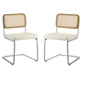 SIASY Off White Faux Leather Accent Cane Side Chair with Woven Rattan Oak Wood Backrest, Chromed Metal Frame (Set of 2)