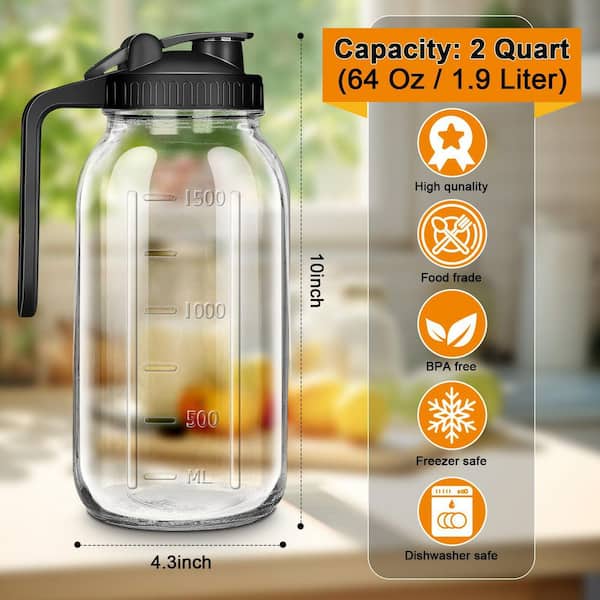 Wudkey 64 fl. oz. Glass Wide Mouth Pitcher with Black Lid, 2 Quart Mason Jar Pitchers with Lid and Spout for Water, Juice, Tea