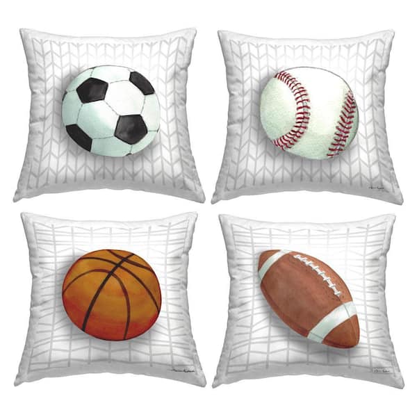 Sports Balls on Geometric Off-White Geometric Polyester 18 in. x 18 in. Throw Pillow Set of 4