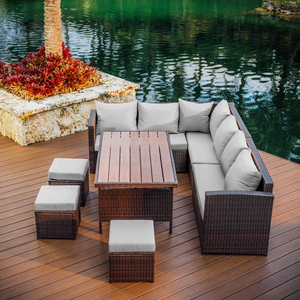 Brown Wicker 7-Piece Outdoor Dining Set with Off-White Cushions