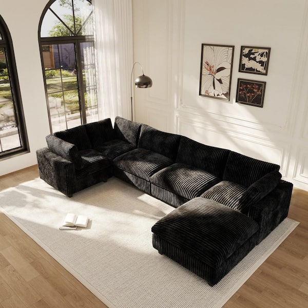 J&E Home 157.4 in. Square Arm 6-Piece Faux Rabbit Fur Fabric L-Shaped Oversized Sectional Sofa For Living Room in Black