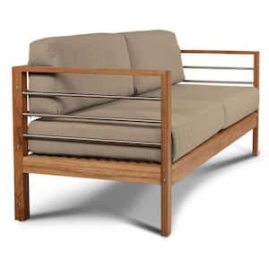 Leon 3 Person Teak Outdoor Couch with Sunbrella Fawn Cushions