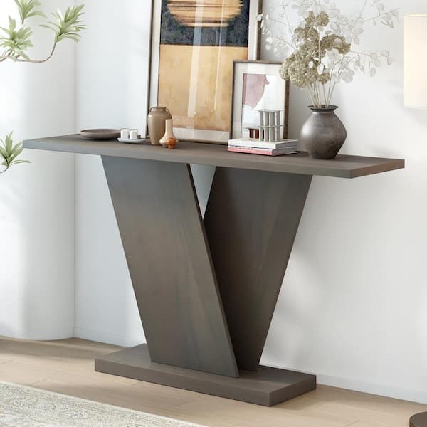 CHRISTOPHER KNIGHT HOME Orbitsan 59.8 in. Modern V-base Design Grey Rectangle MDF Console Table, Acacia Wood Veneer
