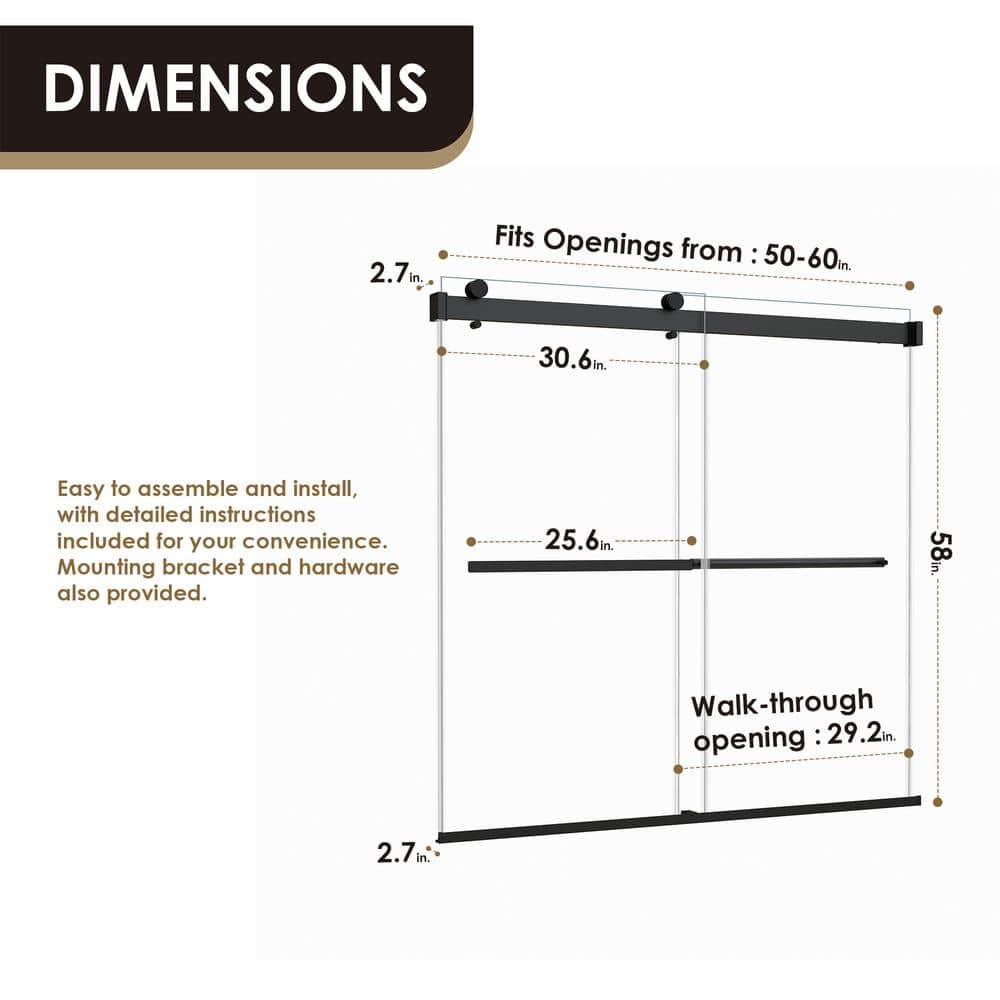 Marcelo 60" Matte Black Frameless Tub Door with Clear Glass