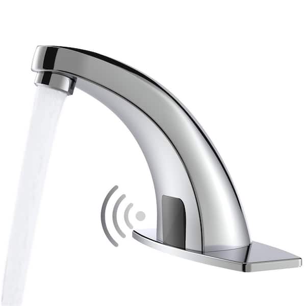 Automatic Sensor Touchless Single Hole Bathroom Sink Faucet with Deck Plate in Polished Chrome