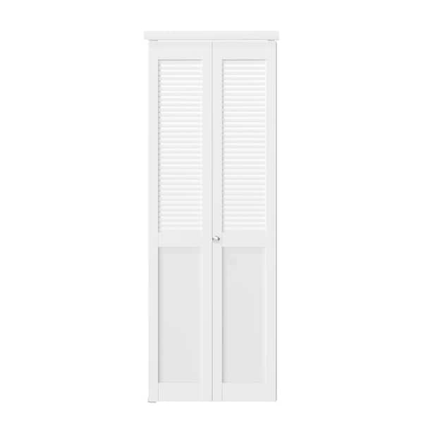 TENONER 30 in. W. x 80 in. Solid Core, MDF Wood, White, PVC Covering, Half Louver Half Panel MDF Bi-fold Door with Hardware Kits