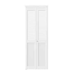 30 in. W. x 80 in. Solid Core, MDF Wood, White, PVC Covering, Half Louver Half Panel MDF Bi-fold Door with Hardware Kits