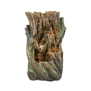 Resin Tabletop Fountain - 15.8 in. 5 Stream Cascading Woodland Tree Trunk Tiered Leaf Home Indoor Fountain with Lights