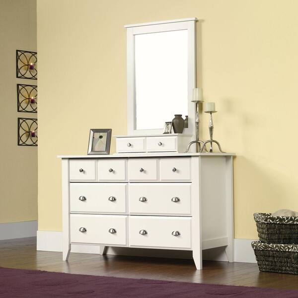 SAUDER Shoal Creek Collection 42.3 in H x 27.48 in. W White Framed Mirror with Storage Drawers
