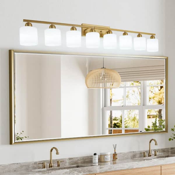 52 in. W 8-Light Gold Vanity Light with Frosted Glass Shades, Up/Down Mount for Mirror, Hallway (No Bulb included)