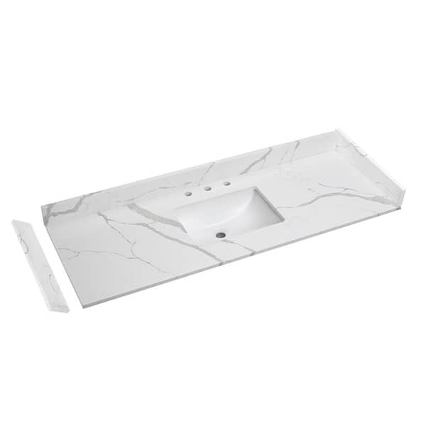 Carrara Luna 60 in. W x 22 in. D Quartz White Rectangular Single Sink Bathroom Vanity Top in Calacatta River