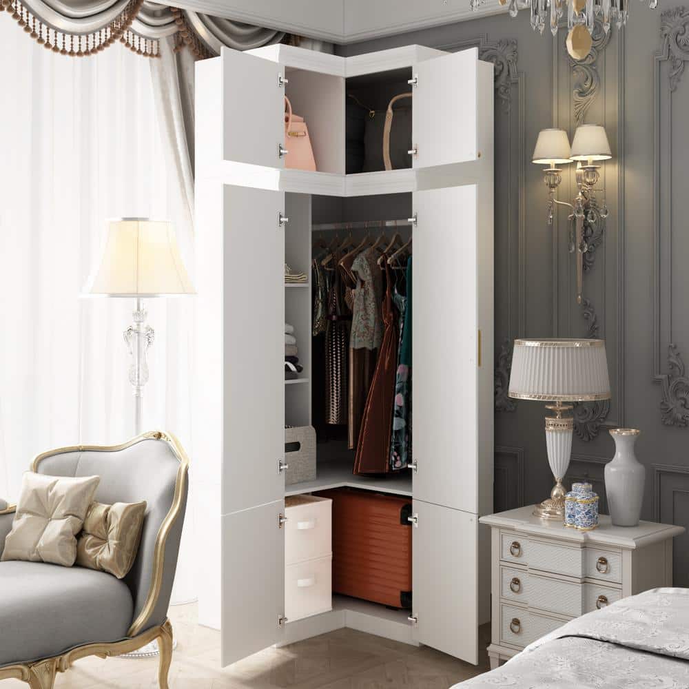 White Wood 35.4 in. W 6-Door Corner Wardrobe Armoires with Hanging Rod, Storage Shelves 93.9 in. H x 35.4 in. D - thumbnail 6