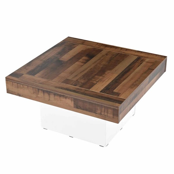 Polibi 31.4 in. White Square Wood Coffee Table with 2 USB Ports and Outlets, LED Light and Charging Station