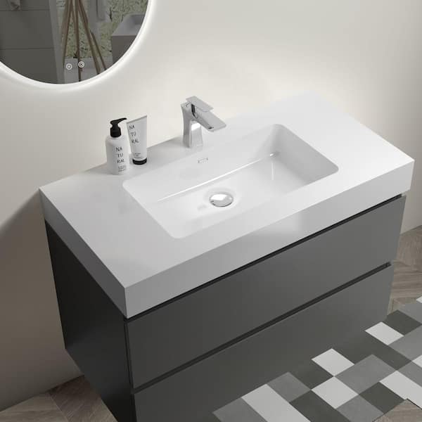 35.8 in. W x 18.1 in. D x 25.2 in. H Single Sink Floating Bath Vanity in Space Grey whit White 1-Piece Basin Top