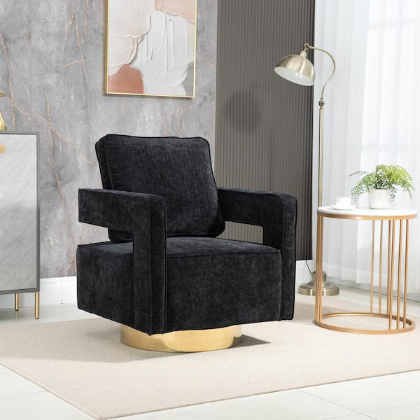 Unbranded 30.7 in. W Black Chenille 360° Swivel Arm Chair with Open Back and Gold Stainless Steel Base Club Chair Leisure Armchair