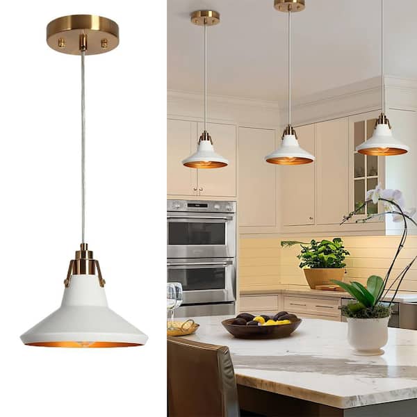 Zevni Tencanonia Modern 1-light Plating Brass Pendant Light with Matte White Metal Barn Shade for Kitchen Island, Dining Room