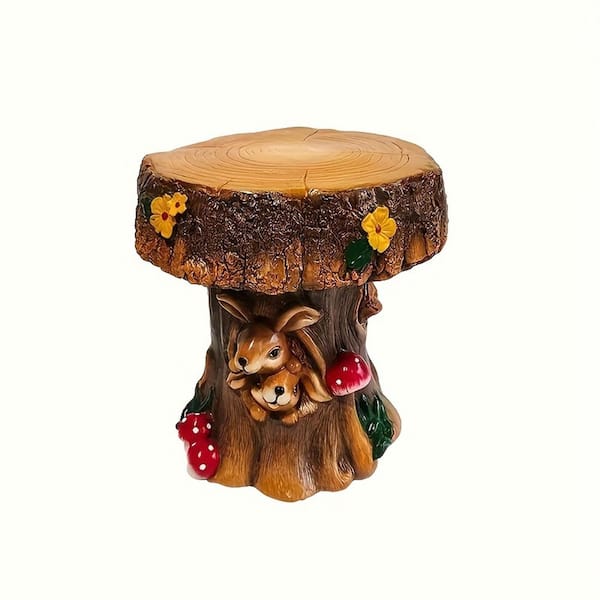 Avex Brown Round Resin 13.39 in. H Outdoor/Indoor Art Decor Side Table Rabbit Garden Chair