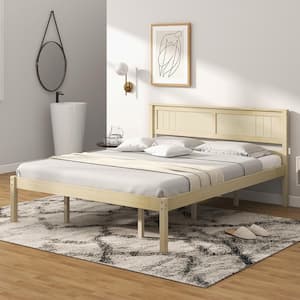 Natural Yellow Wood Frame Full Size Platform Bed Frame with Headboard Mattress Foundation