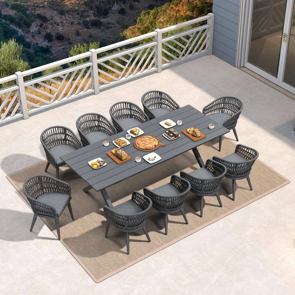11-Piece Aluminum All-Weather PE Rattan Rectangular Outdoor Dining Set with Cushion, Gray price history on PriceWatchPro