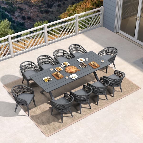 PURPLE LEAF 11-Piece Aluminum All-Weather PE Rattan Rectangular Outdoor Dining Set with Cushion, Gray