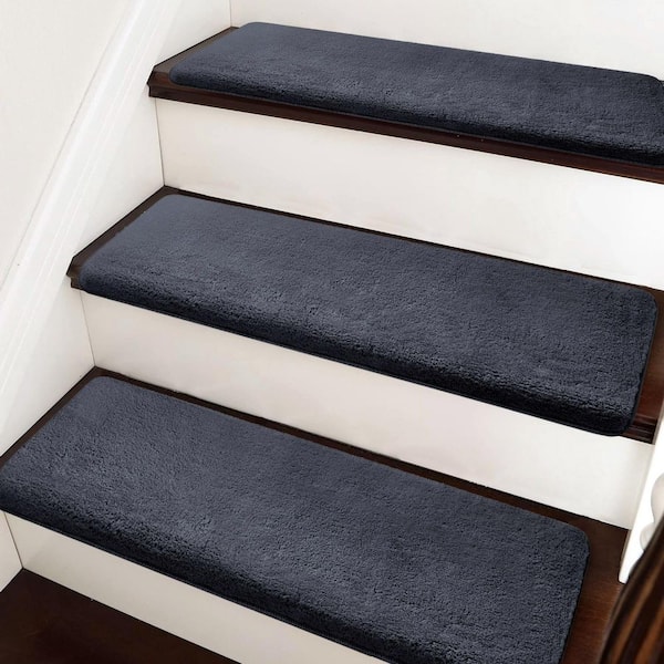 PURE ERA Dark Gray 9.5 in. x 30 in. x 1.2 in. Bullnose Plush Carpet Stair Tread Cover Tape Free Non-slip Set of 7