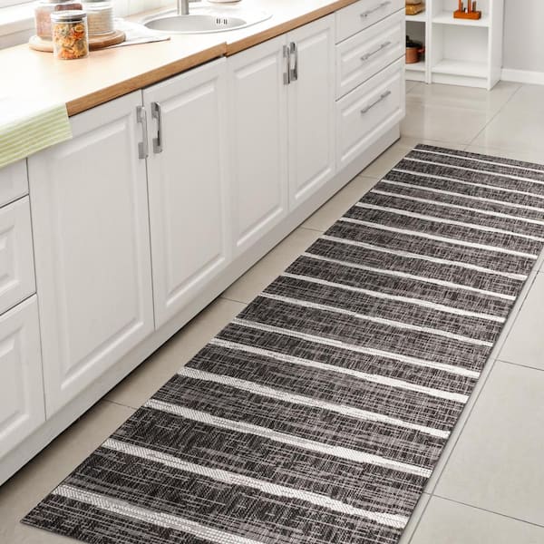 JONATHAN Y Colonia Berber Black/Ivory 2 ft. x 8 ft. Stripe Indoor/Outdoor Area Rug