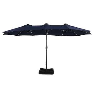 15 ft. Steel Pole Market Solar Light No Tilt Patio Umbrella with With Plastic Base and Steel Cross Base in Navy Blue