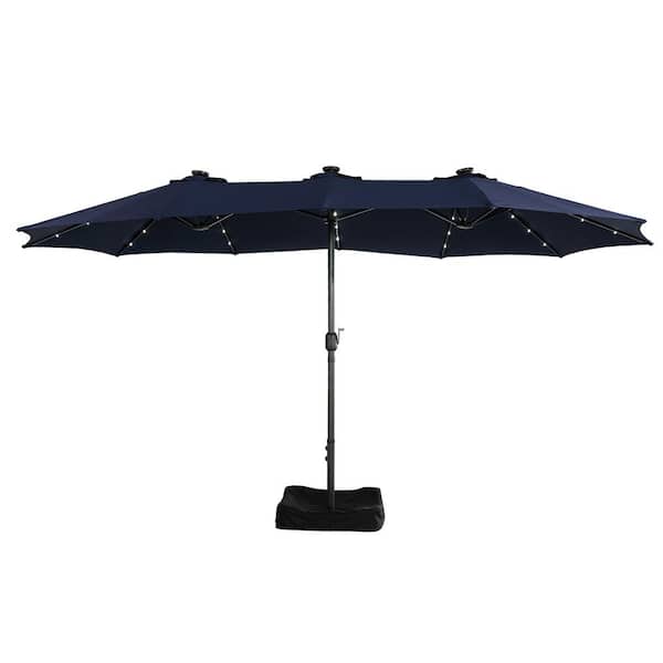 Kadehome 15 ft. Steel Pole Market Solar Light No Tilt Patio Umbrella with With Plastic Base and Steel Cross Base in Navy Blue
