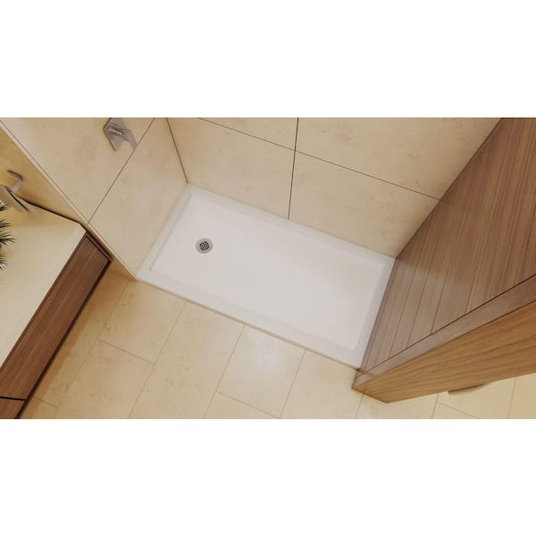 SlimLine 60 in. L x 30 in. W Alcove Rectangular White Shower Pan Base with 2 in. Round Left Drain in Brushed Nickel