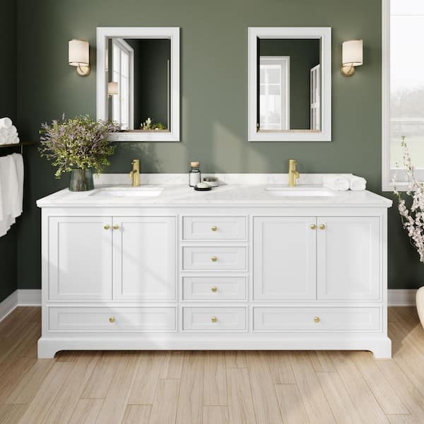Wyndham Collection Deborah 80 in. W x 22 in. D x 35 in. H Double Sink Bath Vanity in White with Carrara Cultured Marble Top and 70" Mirror