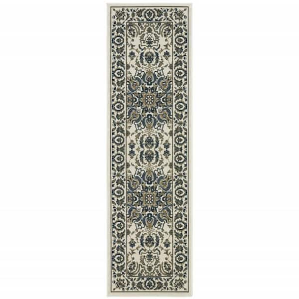 Ivory, Blue 2 ft. x 8 ft. Loomed Oriental Polypropylene Rectangle Indoor/Outdoor Area Rug
