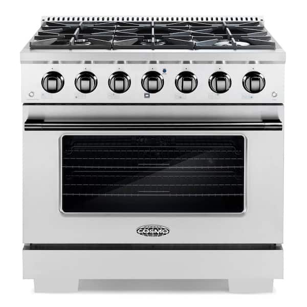 Cosmo 36 in. 4.5 cu. ft. Gas Range with 6-Burners and Cast Iron Grates in Stainless Steel with Black Custom Handle Knob Kit
