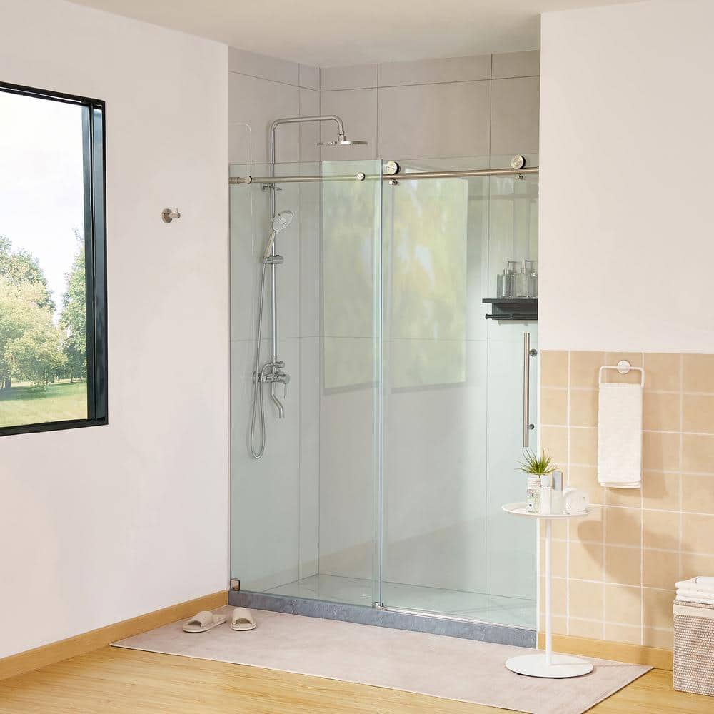 60 in. x 76 in. Frameless Clear Glass Sliding Shower Door with Brushed Nickel Finish