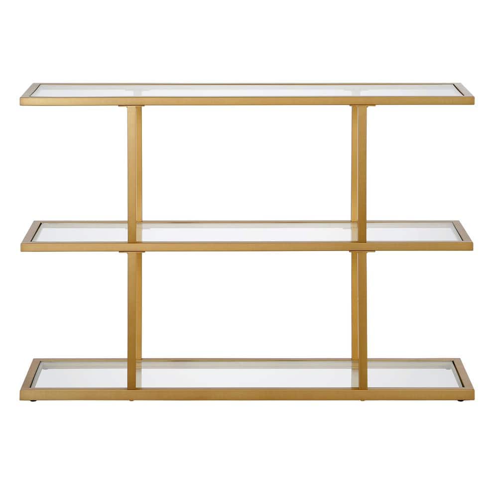 Cantilevered Brass & Tempered Glass Console Table with Triple Shelves