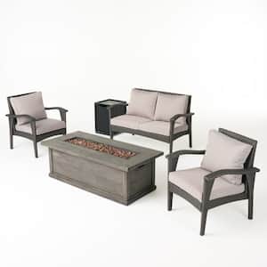 Honolulu Grey 5-Piece Faux Rattan Patio Fire Pit Seating Set with Light Grey Cushions