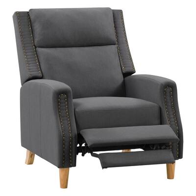 Recliner Chair with Extending Foot Rest and Nailhead Trim Accents, Dark Grey Fabric