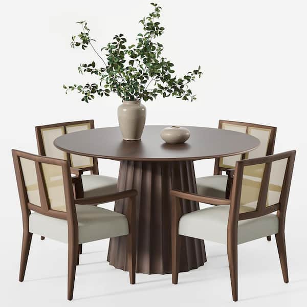 5-Pieces Round Walnut Wooden Top Dining Table Set 4 Seats with Wood Frame, Rattan Back Beige Fabric Cushion Arm Chair
