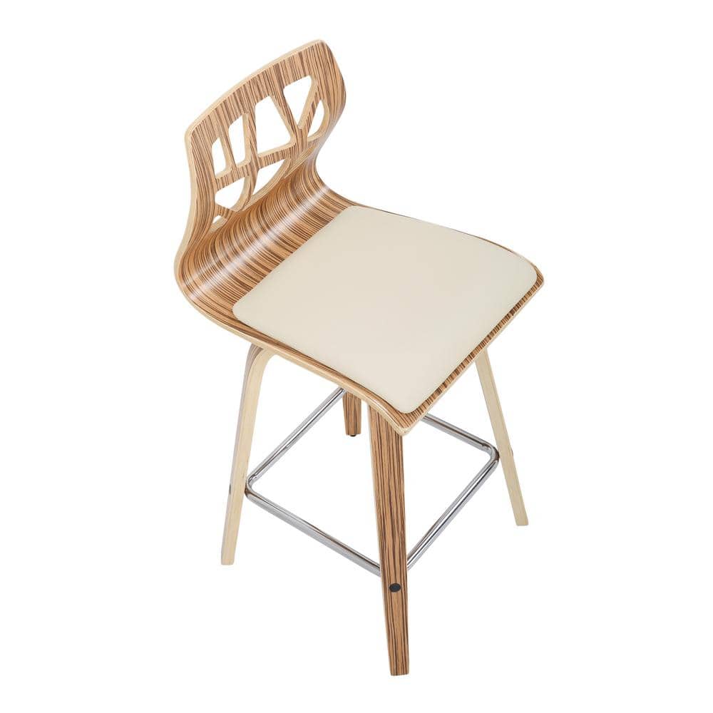 Mid-Century Modern White Leather and Wood Swivel Counter Stools