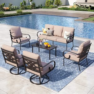 7 Seat 6-Piece Black Metal Steel Outdoor Patio Conversation Set with Beige Cushions, 2 Swivel Chairs And Table