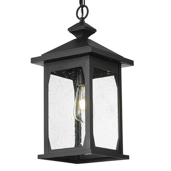 Modern 100-Watt 1-Light Outdoor Pendant Light with Seeded Glass Shade Aluminum in Black Finish Weather Resistant