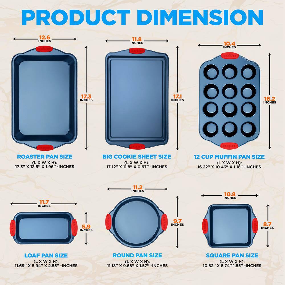 6-Piece Blue Nonstick Carbon Steel Bakeware Set with Red Silicone Handles